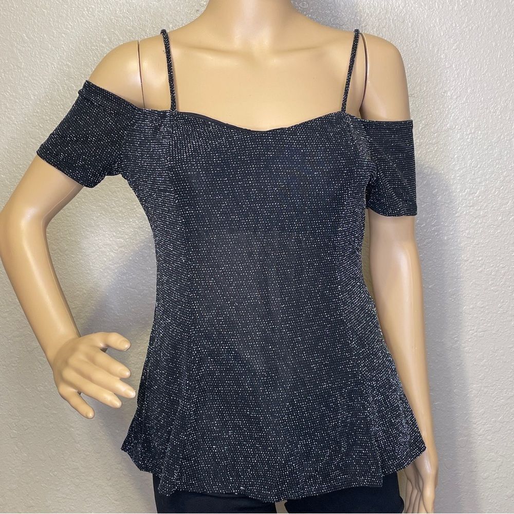 Piccolina Off Shoulder Fitted Metallic Shimmer Stretchy Blouse Black XL